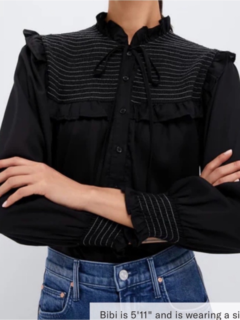 Black Ruffled Tie-Neck Blouse